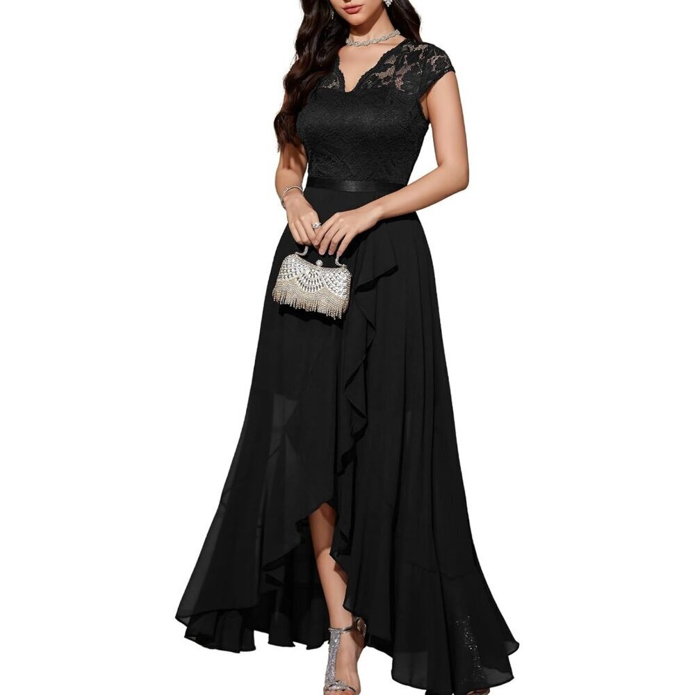 Women's Black V-Neck  Hi-Lo Floral Lace Prom Cocktail Party Formal Dress